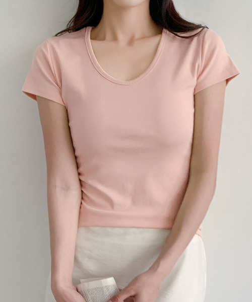 LOWO(ロワ)の「綿混Uネック半袖無地Tシャツ(全13色・レイヤード・インナー対応)(Tシャツ/カットソー・レディース・ホワイト/ネイビー/レッド/ピンク/ブルー/ブルーグレー・FREE)」の18枚目の写真