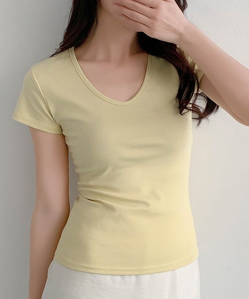 LOWO(ロワ)の「綿混Uネック半袖無地Tシャツ(全13色・レイヤード・インナー対応)(Tシャツ/カットソー・レディース・ホワイト/ネイビー/レッド/ピンク/ブルー/ブルーグレー・FREE)」の21枚目の写真