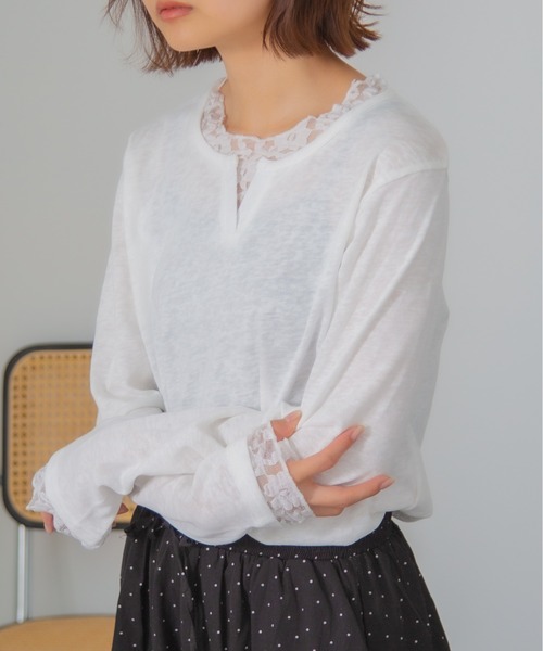 HALEY PESCA(ヘーリーペスカ)の「HALEY PESCA/レイヤード風レースインナートップス(Tシャツ/カットソー・レディース・イエロー/ブルー/グレー/ホワイト/ブラック・FREE)」の3枚目の写真