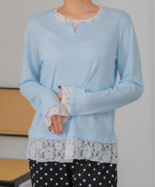 HALEY PESCA(ヘーリーペスカ)の「HALEY PESCA/レイヤード風レースインナートップス(Tシャツ/カットソー・レディース・イエロー/ブルー/グレー/ホワイト/ブラック・FREE)」の7枚目の写真