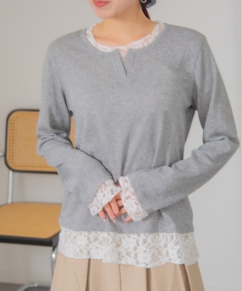 HALEY PESCA(ヘーリーペスカ)の「HALEY PESCA/レイヤード風レースインナートップス(Tシャツ/カットソー・レディース・イエロー/ブルー/グレー/ホワイト/ブラック・FREE)」の9枚目の写真