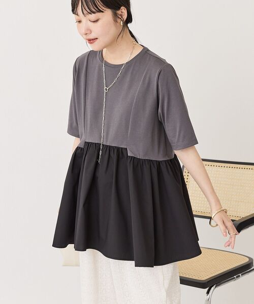 AMERICAN HOLIC(アメリカンホリック)の「布帛切替ペプラム半袖プルオーバー(Tシャツ/カットソー・レディース・ブラック/オフホワイト/モカ/チャコールグレー・M/L)」の15枚目の写真