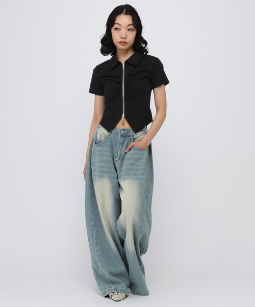 3.3 Field Trip （3.3フィールドトリップ）の「3.3 Field Trip／フロントギャザーショートスリーブトップス（Tシャツ/カットソー・レディース・ブラック/グレー/ブルー・FREE）」の4枚目の写真