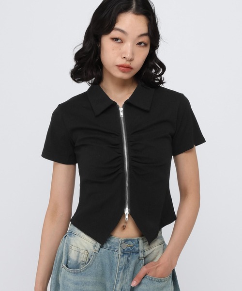 3.3 Field Trip （3.3フィールドトリップ）の「3.3 Field Trip／フロントギャザーショートスリーブトップス（Tシャツ/カットソー・レディース・ブラック/グレー/ブルー・FREE）」の7枚目の写真