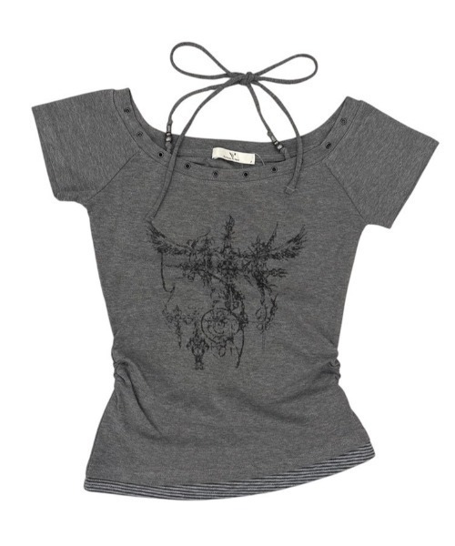 Never mind the XU / Chikashitsu+(ネバーマインド ザ エックスユー / チカシツプラス)の「【nmtc+】Anco Studded Halter Neck Tee / 【エヌエムティーシープラス】トライバルスタッズホルターネック半袖Tシャツ(Tシャツ/カットソー・レディース・グレー/チャコール/ホワイト・ONE SIZE)」の10枚目の写真