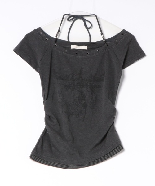 Never mind the XU / Chikashitsu+(ネバーマインド ザ エックスユー / チカシツプラス)の「【nmtc+】Anco Studded Halter Neck Tee / 【エヌエムティーシープラス】トライバルスタッズホルターネック半袖Tシャツ(Tシャツ/カットソー・レディース・グレー/チャコール/ホワイト・ONE SIZE)」の8枚目の写真