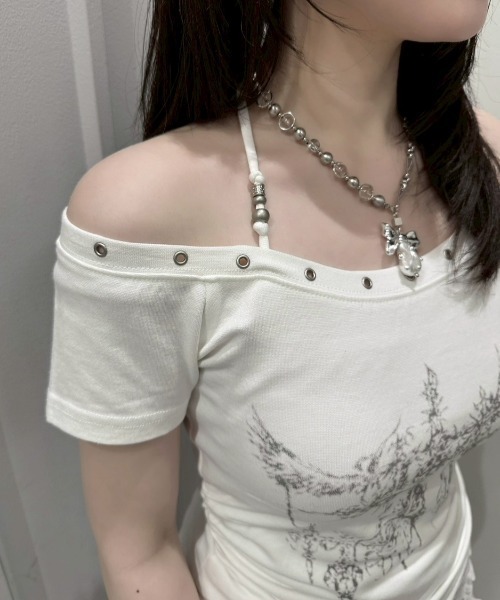Never mind the XU / Chikashitsu+(ネバーマインド ザ エックスユー / チカシツプラス)の「【nmtc+】Anco Studded Halter Neck Tee / 【エヌエムティーシープラス】トライバルスタッズホルターネック半袖Tシャツ(Tシャツ/カットソー・レディース・グレー/チャコール/ホワイト・ONE SIZE)」の19枚目の写真