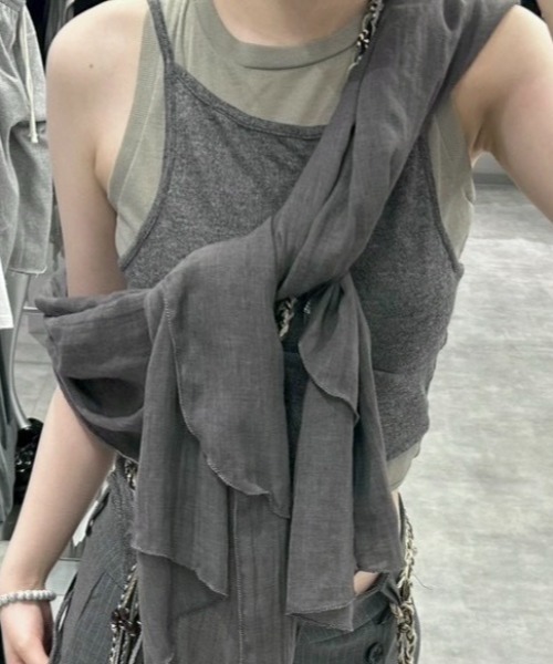 Never mind the XU / Chikashitsu+(ネバーマインド ザ エックスユー / チカシツプラス)の「【Nerd out XU】sheer layered tank top / 【ナードアウトエックスユー】シアーレイヤードタンクトップ<着用動画あり>(タンクトップ・レディース・チャコール・M)」の14枚目の写真