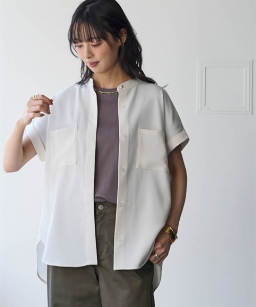 nissen(ニッセン)の「【しわシャキ】Wポケットバンドカラーシャツ(防しわ・形態安定・接触冷感・UVカット)<大きいサイズ有>(シャツ/ブラウス・レディース・チャコール/モカ/ホワイト・S/LL/M/L/3L)」の7枚目の写真