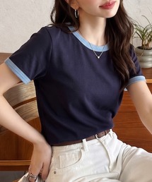 【Eclat one】バイカラー リブ配色 半袖 Tシャツ