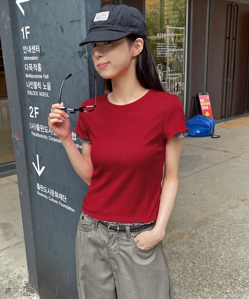 UNE MANSION(ユヌマンション)の「メロウ加工フリルバイカラーレイヤード半袖Tシャツカットソー(Tシャツ/カットソー・レディース・レッド/ブルー系その他/ネイビー/グレー/ピンク・FREE)」の5枚目の写真