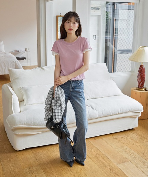 UNE MANSION(ユヌマンション)の「メロウ加工フリルバイカラーレイヤード半袖Tシャツカットソー(Tシャツ/カットソー・レディース・レッド/ブルー系その他/ネイビー/グレー/ピンク・FREE)」の8枚目の写真