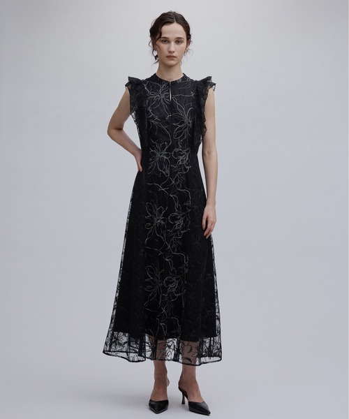 Ameri(アメリ)の「GLITTER LACE DRAPE FRILL DRESS(ドレス・レディース・ブラック/ベージュ・SMALL/MEDIUM)」の7枚目の写真