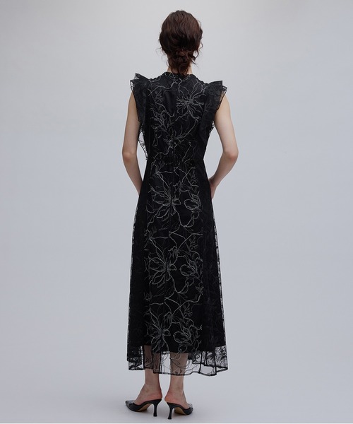 Ameri(アメリ)の「GLITTER LACE DRAPE FRILL DRESS(ドレス・レディース・ブラック/ベージュ・SMALL/MEDIUM)」の8枚目の写真