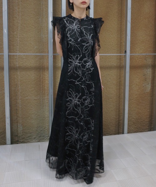 Ameri(アメリ)の「GLITTER LACE DRAPE FRILL DRESS(ドレス・レディース・ブラック/ベージュ・SMALL/MEDIUM)」の10枚目の写真
