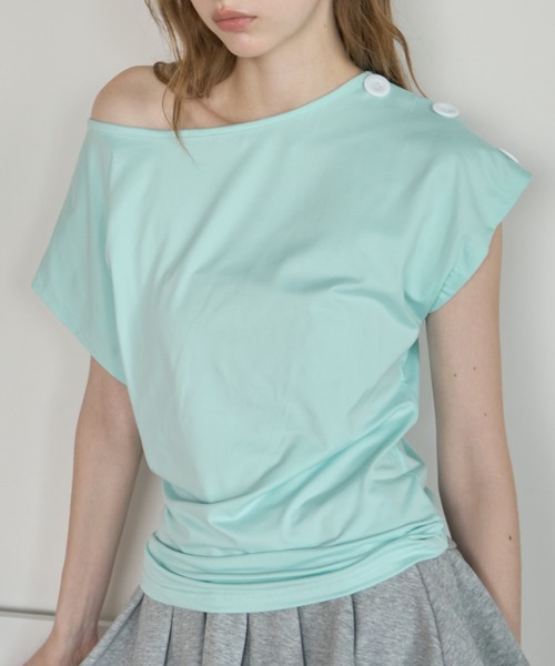 Birthday room(バースデイルーム)の「ビックボタンワンショルT/Big-Button One-Shoulder T-Shirt(Tシャツ/カットソー・レディース・ピンク/ミント・FREE)」の4枚目の写真