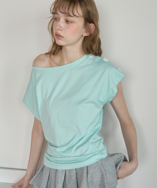 Birthday room(バースデイルーム)の「ビックボタンワンショルT/Big-Button One-Shoulder T-Shirt(Tシャツ/カットソー・レディース・ピンク/ミント・FREE)」の5枚目の写真