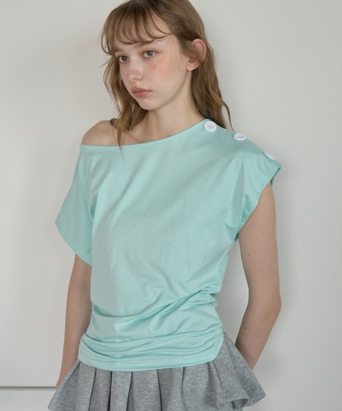 Birthday room(バースデイルーム)の「ビックボタンワンショルT/Big-Button One-Shoulder T-Shirt(Tシャツ/カットソー・レディース・ピンク/ミント・FREE)」の6枚目の写真