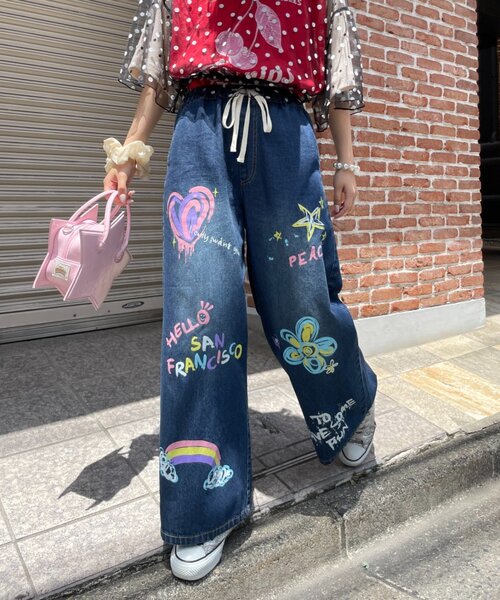 HELLO.SANFRANCISCO(ハローサンフランシスコ)の「【HELLO.SANFRANCISCO】カラフルペイントデニム(デニムパンツ・レディース・ネイビー/サックスブルー・SMALL/MEDIUM)」の1枚目の写真