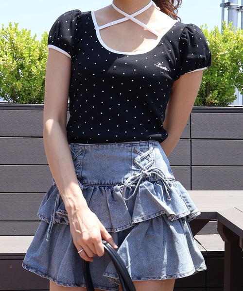SpRay(スプレイ)の「ドットフロントリボンショートスリーブトップス(Tシャツ/カットソー・レディース・ブラック/グレー/オフホワイト・FREE)」の20枚目の写真