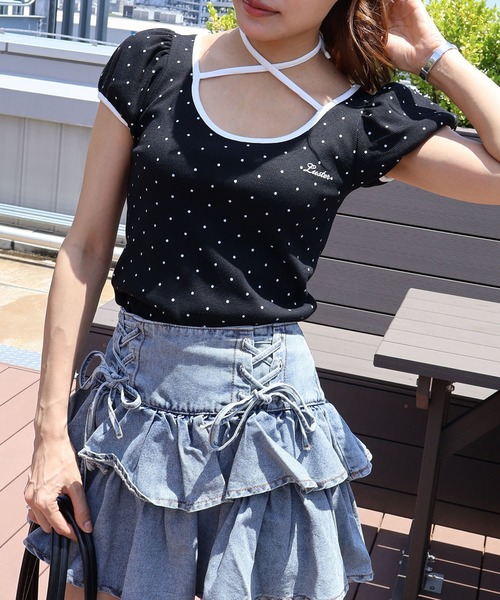 SpRay(スプレイ)の「ドットフロントリボンショートスリーブトップス(Tシャツ/カットソー・レディース・ブラック/グレー/オフホワイト・FREE)」の21枚目の写真