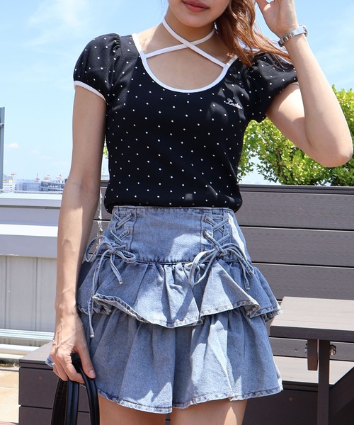 SpRay(スプレイ)の「ドットフロントリボンショートスリーブトップス(Tシャツ/カットソー・レディース・ブラック/グレー/オフホワイト・FREE)」の22枚目の写真
