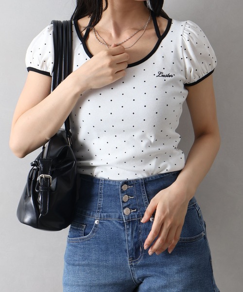 SpRay(スプレイ)の「ドットフロントリボンショートスリーブトップス(Tシャツ/カットソー・レディース・ブラック/グレー/オフホワイト・FREE)」の6枚目の写真