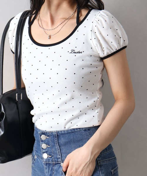 SpRay(スプレイ)の「ドットフロントリボンショートスリーブトップス(Tシャツ/カットソー・レディース・ブラック/グレー/オフホワイト・FREE)」の7枚目の写真