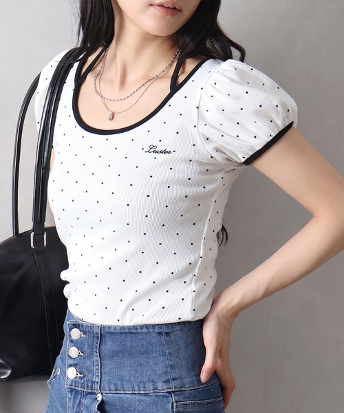 SpRay(スプレイ)の「ドットフロントリボンショートスリーブトップス(Tシャツ/カットソー・レディース・ブラック/グレー/オフホワイト・FREE)」の8枚目の写真