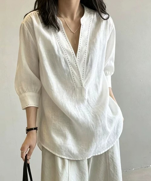 AMAJI(アマジ)の「ビッグカラー コットンリネン 半袖ブラウス(シャツ/ブラウス・レディース・ホワイト・LARGE/X-LARGE)」の2枚目の写真
