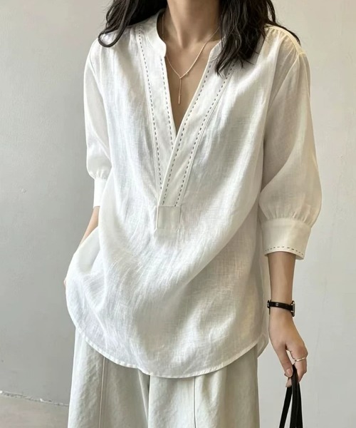 AMAJI(アマジ)の「ビッグカラー コットンリネン 半袖ブラウス(シャツ/ブラウス・レディース・ホワイト・LARGE/X-LARGE)」の3枚目の写真