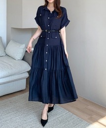 レギュラーカラー ウエストリボン フレア ロングワンピース（ベルト付き）
