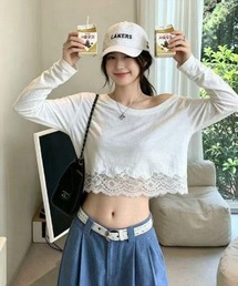 【WEB限定】裾レースクロップド丈Tシャツ［骨格ウェーブ／フェミニン／韓国ファッション］