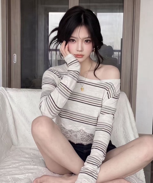 STAY MOTION（ステイモーション）の「【WEB限定】裾レースクロップド丈Tシャツ［骨格ウェーブ／フェミニン／韓国ファッション］（Tシャツ/カットソー・レディース・マルチ/ブラウン/オフホワイト・F）」の3枚目の写真