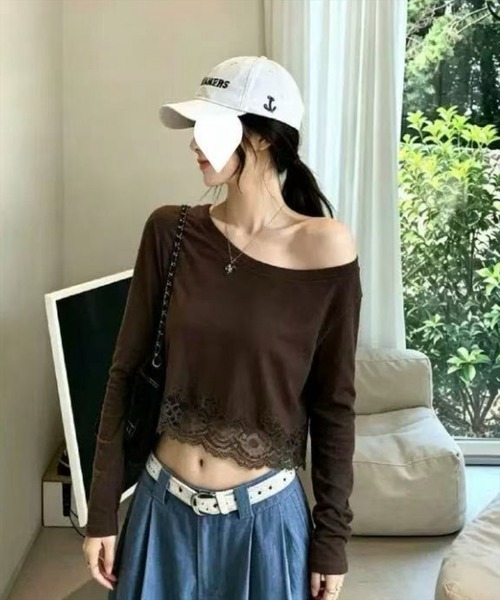 STAY MOTION（ステイモーション）の「【WEB限定】裾レースクロップド丈Tシャツ［骨格ウェーブ／フェミニン／韓国ファッション］（Tシャツ/カットソー・レディース・マルチ/ブラウン/オフホワイト・F）」の13枚目の写真