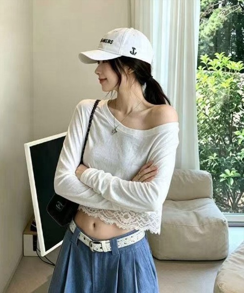 STAY MOTION（ステイモーション）の「【WEB限定】裾レースクロップド丈Tシャツ［骨格ウェーブ／フェミニン／韓国ファッション］（Tシャツ/カットソー・レディース・マルチ/ブラウン/オフホワイト・F）」の11枚目の写真
