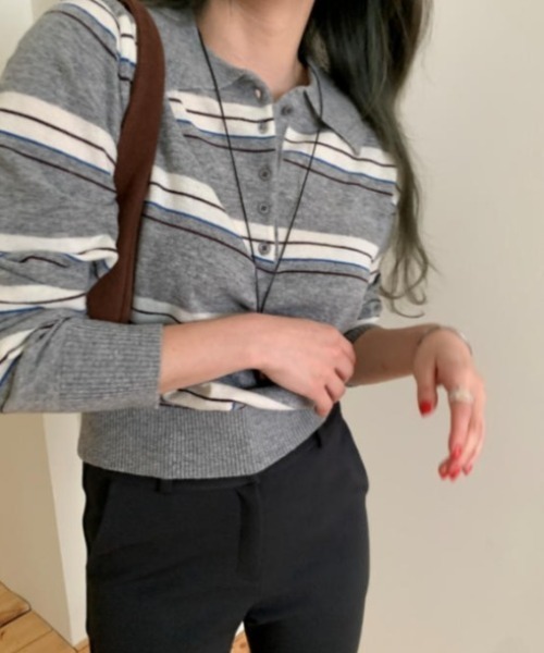 FLINEA(フリネア)の「襟付き長袖ニットトップス(ニット/セーター・レディース・グレー/カーキオリーブ・FREE)」の3枚目の写真