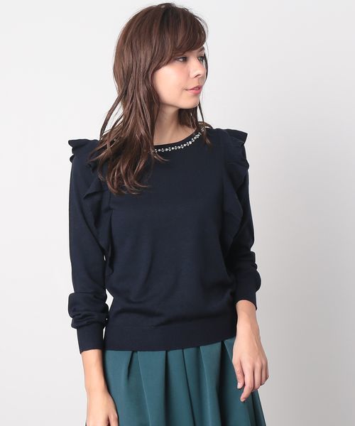 VIS（ビス）の「縫いつけビジューラッフル付ニットプルオーバー（ニット/セーター・レディース・オフホワイト/ブルー/ライトグレー/ネイビー・FREE）」の3枚目の写真