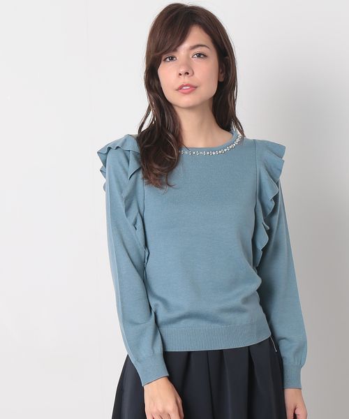 VIS（ビス）の「縫いつけビジューラッフル付ニットプルオーバー（ニット/セーター・レディース・オフホワイト/ブルー/ライトグレー/ネイビー・FREE）」の4枚目の写真