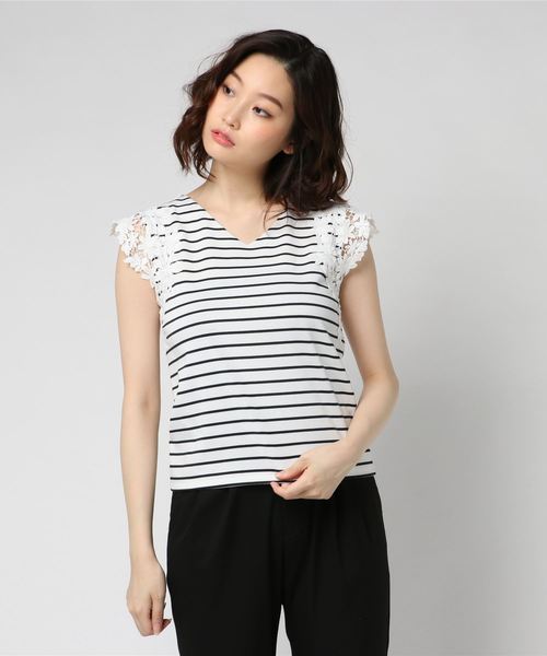 archives（アルシーヴ）の「袖レースカットソーT（Tシャツ/カットソー・レディース・ホワイト×ネイビー/ブラック/ピンク/ブラウン/マスタード・MEDIUM）」の2枚目の写真