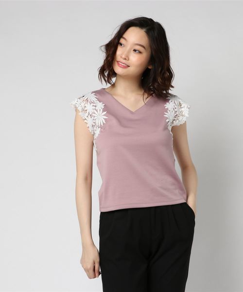 archives（アルシーヴ）の「袖レースカットソーT（Tシャツ/カットソー・レディース・ホワイト×ネイビー/ブラック/ピンク/ブラウン/マスタード・MEDIUM）」の5枚目の写真