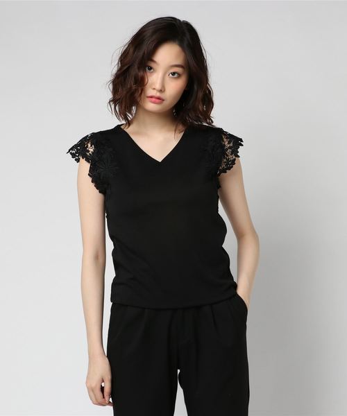 archives（アルシーヴ）の「袖レースカットソーT（Tシャツ/カットソー・レディース・ホワイト×ネイビー/ブラック/ピンク/ブラウン/マスタード・MEDIUM）」の3枚目の写真