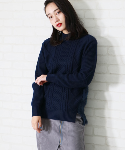 &g'aime(アンジェム)の「【表示しない】【&g'aime】ケーブル×フェザーニットチュニック(ニット/セーター・レディース・ネイビー/アイボリー/杢グレー・FREE)」の1枚目の写真