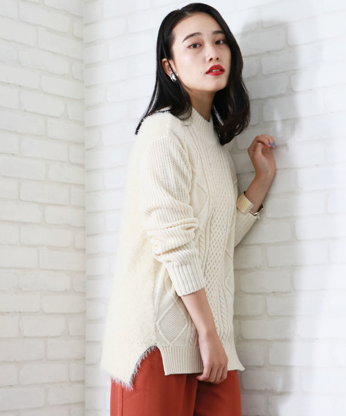 &g'aime(アンジェム)の「【表示しない】【&g'aime】ケーブル×フェザーニットチュニック(ニット/セーター・レディース・ネイビー/アイボリー/杢グレー・FREE)」の4枚目の写真
