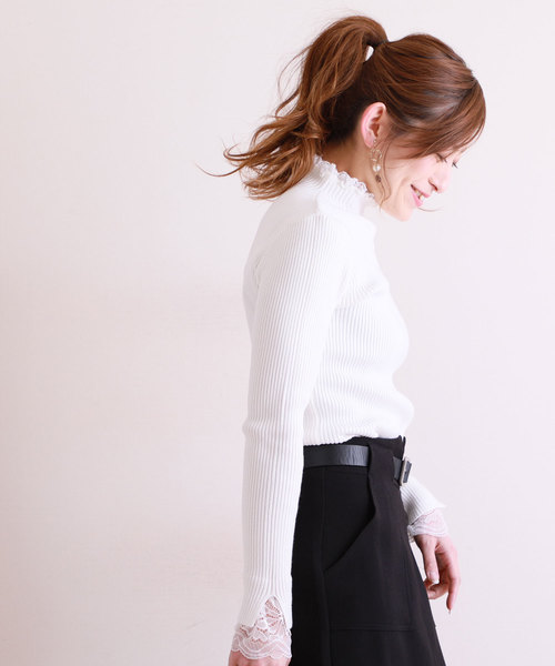 Sawa a la mode（サワアラモード）の「フリル襟と袖先レースのリブニットトップス（ニット/セーター・レディース・ホワイト・FREE）」の5枚目の写真