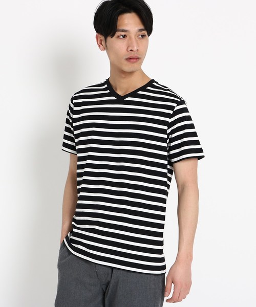 Web 一部店舗限定 半袖ボーダーvネックtシャツ