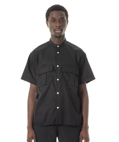 Sandinista(サンディニスタ)の「Military Sateen Band Collar S/S Shirt / バンドカラーミリタリーサテン半袖シャツ(シャツ/ブラウス・メンズ・ネイビー/オリーブ/ブラック・LARGE/SMALL/MEDIUM)」の1枚目の写真