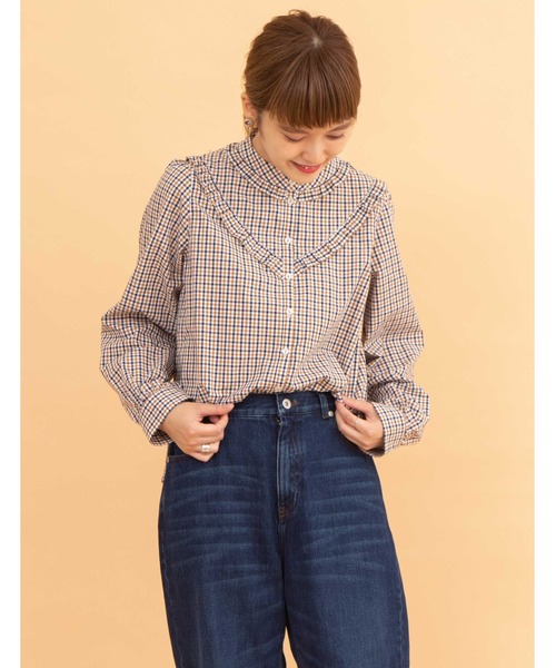 POU DOU DOU（プードゥドゥ）の「フリルヨークブラウス（シャツ/ブラウス・レディース・ネイビー/ブラウン/オフホワイト・3）」の7枚目の写真