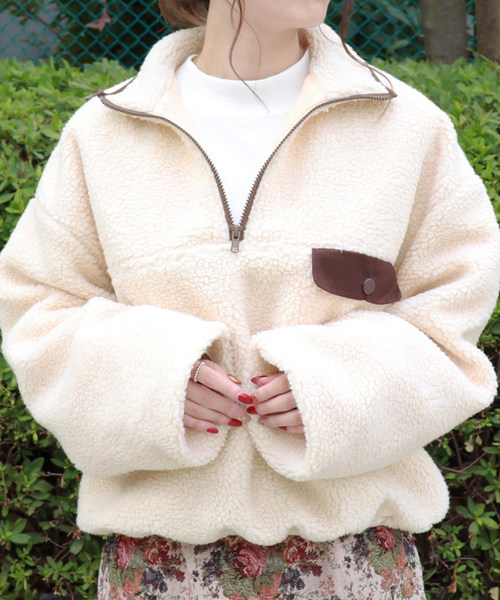 PairPair（ペアペア）の「ボアジップもこもこプルオーバー(男女兼用アイテム)（ブルゾン・レディース・モカ/ライトベージュ・M/L）」の6枚目の写真
