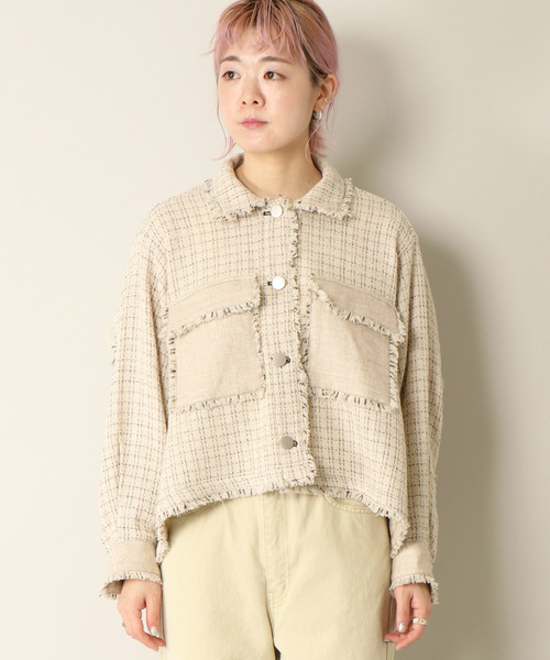 Eimee Law レザーとツイードのジャケット リボンジャガード ツィード